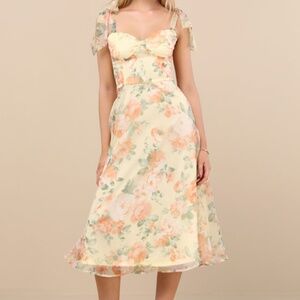 Lulus Olesya Light Yellow Floral Tie-strap Midi Dress - Size L